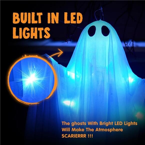 2 Pack Halloween Hanging Light up Ghost with Spooky Blue LED  2 Pcs 35.5” Halloween Hanging Light up Ghost with Blue LED Light, Hanging Ghosts